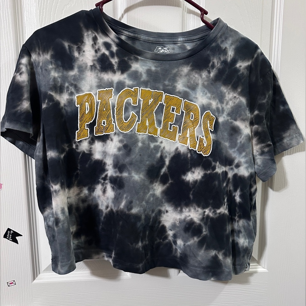 Pel‎ Athletic Packers T-Shirt Womens Large Black Tie Dye Excellent Cropped NFL